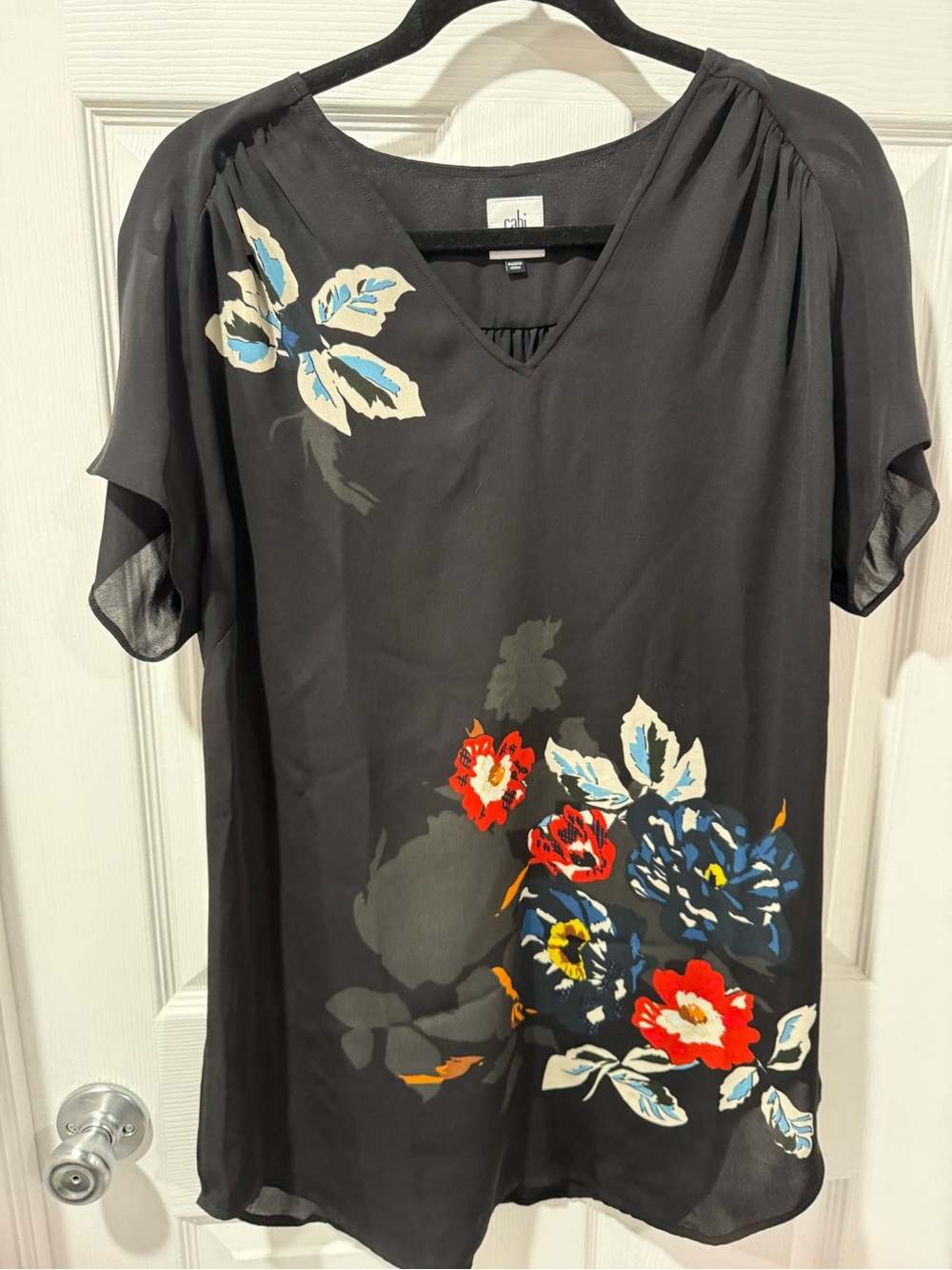 CAbi Black Floral Tunic with Red, Blue & Cream Accents, size M